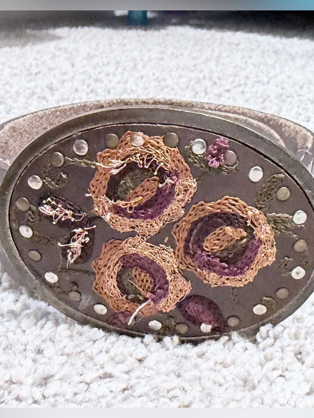 Vintage Fossil Brown Embroidered Leather Belt Boho Floral